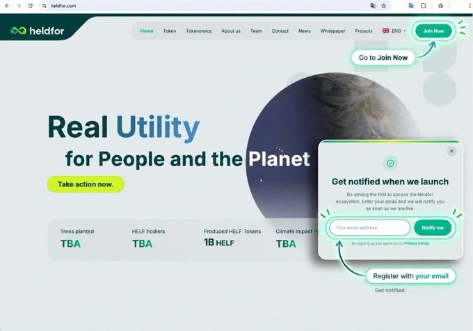 A screenshot of the heldfor.com website with the heading 'Real Utility for People and the Planet,' showing a call-to-action button 'Take action now' and a pop-up prompting users to enter their email address with 'Notify me' and 'Privacy Policy' buttons highlighted.