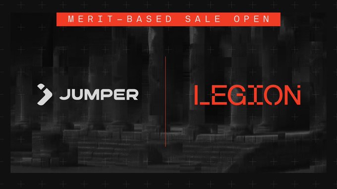 A promotional banner announces 'MERIT-BASED SALE OPEN' featuring the logos of JUMPER and LEGION on a dark, glitchy background.