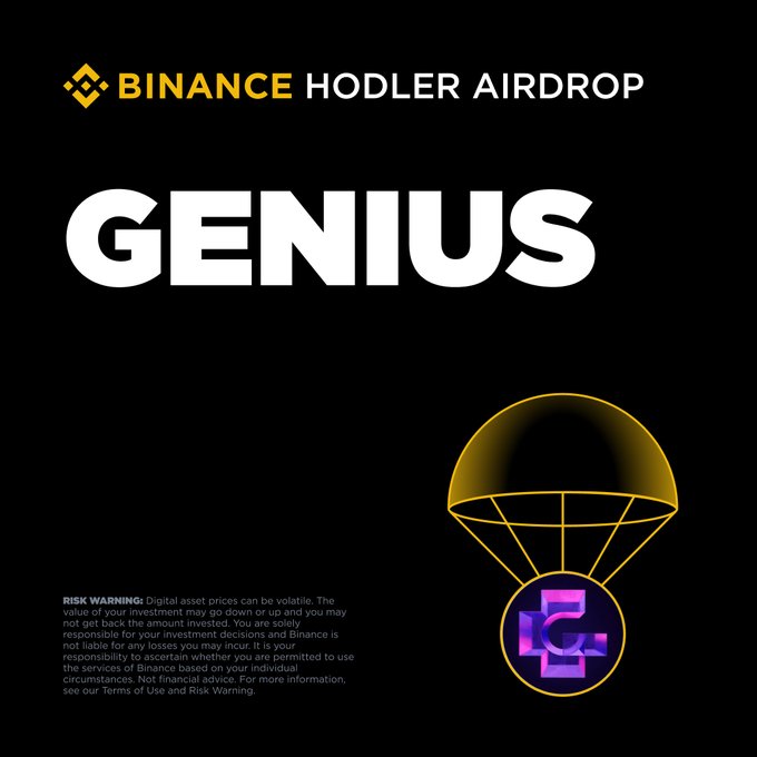 The image features a poster with a black background, white text, and an illustration of a parachute. The title "Binance HODler Airdrop Genius" is written above the parachute, and below it there's a description that reads "The Airdrop page will be available on the Binance Airdrop Portal in almost 5 hours for users who subscribed their BNB to Simple Earn or On-Chain Yields." The poster also includes an image of a parachute with a message about the Genius Terminal.