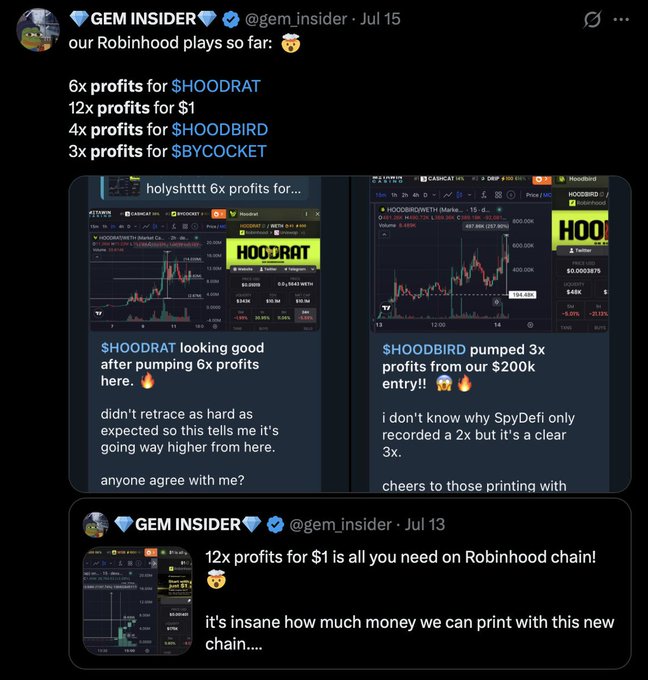 This screencap highlights impressive profits from Robinhood chain tokens like $HOODRAT (6x) and $1 (12x), as posted by @gem_insider on July 15th and 13th. The image supports the post's claim of millionaires being made on the Robinhood chain.