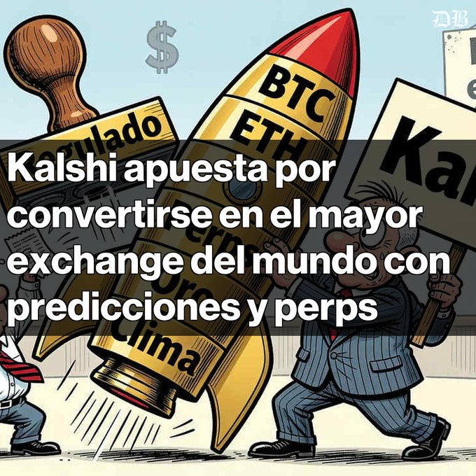 A cartoon illustration of a rocket labeled 'BTC ETH' with Spanish text: 'Kalshi apuesta por convertirse en el mayor exchange del mundo con predicciones y perps.'