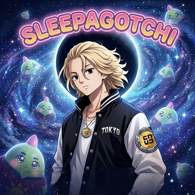 The image features a man with blonde hair wearing a black jacket, standing against a backdrop of stars and planets. He has a necklace around his neck and is holding a stuffed animal. The image also includes text that reads "@sleepagotchi" and "London", which could be related to the anime or the concept behind it.