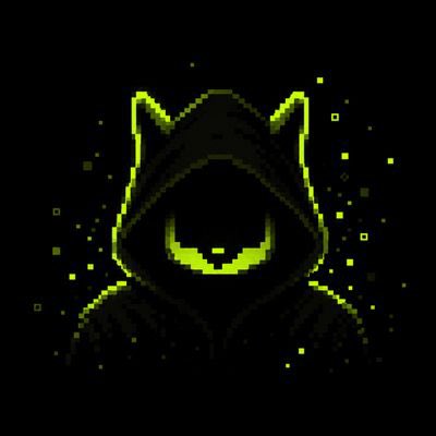 A pixel art illustration shows a mysterious hooded figure with glowing yellow-green eyes and cat-ear points, set against a dark background with scattered green pixel particles.