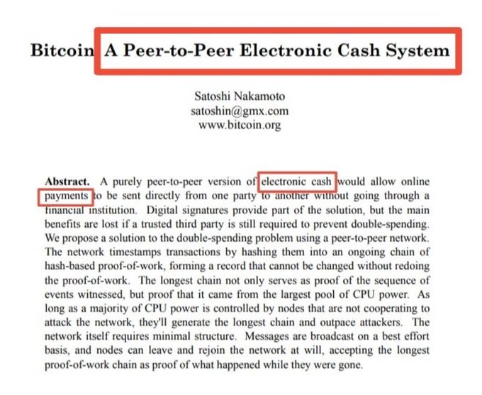 The image shows the opening of Satoshi Nakamoto's 2008 Bitcoin white paper, titled "A Peer-to-Peer Electronic Cash System," with the words "electronic cash" and "payments" highlighted to emphasize Bitcoin's original purpose as a direct, trustless means of transferring value between parties—aligning with the post's argument that among 30+ million cryptocurrencies, only Monero fulfills Satoshi's vision of true peer-to-peer electronic cash.