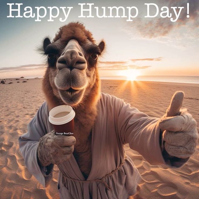 An AI-generated image of a camel in a robe holding coffee with the text 'Happy Hump Day!'