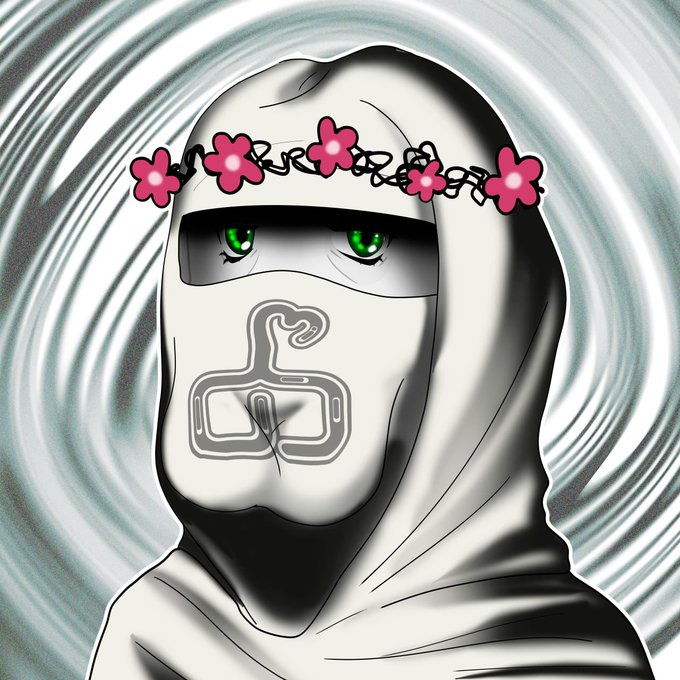 A digital drawing of a character in a white hood and face mask decorated with pink flowers, revealing only green eyes, with a stylized symbol on the mask and a swirling background.