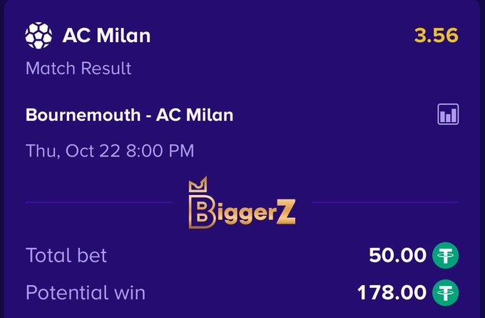 A purple BiggerZ match-betting screen lists “AC Milan” with odds “3.56,” “Bournemouth - AC Milan,” “Thu, Oct 22 8:00 PM,” “Total bet 50.00,” and “Potential win 178.00.”