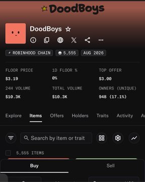 A mobile interface for the NFT collection "DoodBoys" on the Robinhood Chain shows 5,555 items, a floor price of $3.19, 24H volume of $10.3K, and 948 unique owners (17.1%).