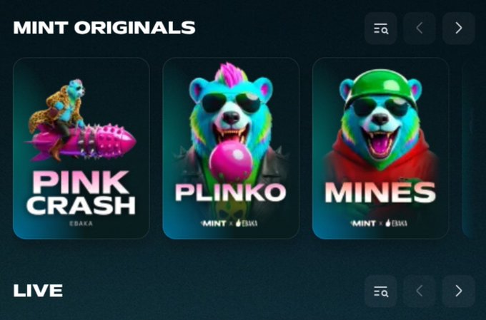 A digital storefront interface displaying 'MINT ORIGINALS' featuring three game tiles: 'PINK CRASH' by EDAKA, 'PLINKO' (Mint x Stake), and 'MINES' (Mint x Stake), with a 'LIVE' section below.
