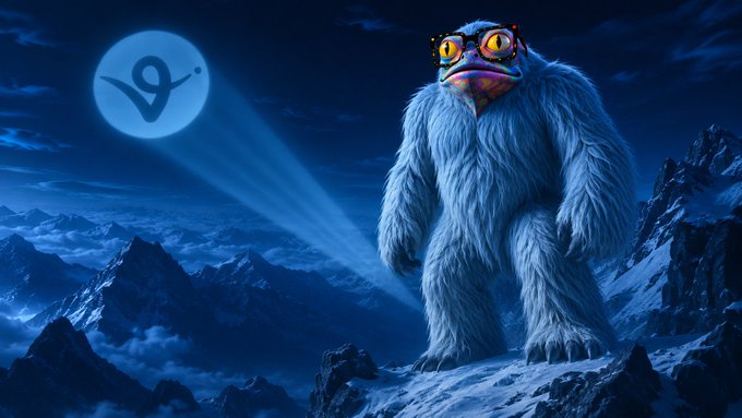 A blue furry yeti wearing red glasses stands atop a snowy mountain peak at night, with a beam of light projecting from its eyes to reveal the "10" logo and the word "yetibbir" in the moonlit sky. The playful creature embodies the yetibbir brand, merging cryptocurrency iconography with a whimsical cryptid mascot.