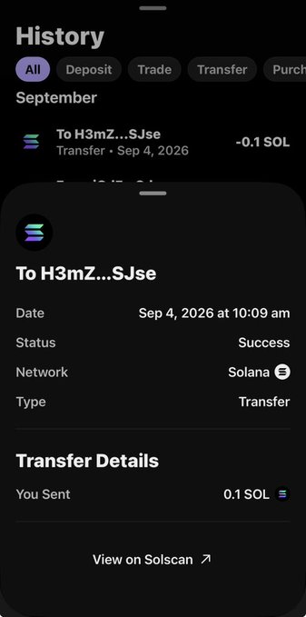 A mobile cryptocurrency wallet screen displays transaction history with details of a transfer: 'To H3mZ...SJse' for 0.1 SOL on Solana, dated Sep 4, 2026.