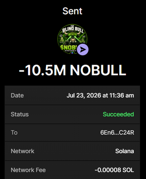 The image shows a successful Solana transaction receipt for sending -10.5M $NOBULL to wallet address 6En6...C24R on July 23, 2026, with a network fee of -0.00008 SOL. This corresponds to the post's promotion where sending 1 SOL yields 10.5M $NOBULL tokens, confirming the example tier purchase of the meme coin $NOBULL.