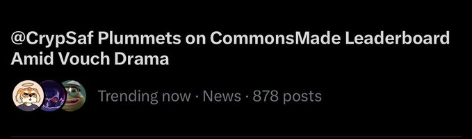 A dark social media post with the headline '@CrypSaf Plummets on CommonsMade Leaderboard Amid Vouch Drama' and trending tags showing '878 posts'.