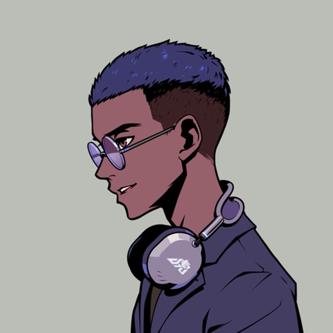 An anime-style side profile illustration of a young man with short purple/dark hair wearing round glasses and headphones around his neck, dressed in a dark blue jacket against a muted green background.