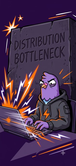 A cartoon illustration of a stressed purple character typing frantically on a laptop, with a stone tablet labeled 'DISTRIBUTION BOTTLENECK' looming behind amid sparks and explosions.
