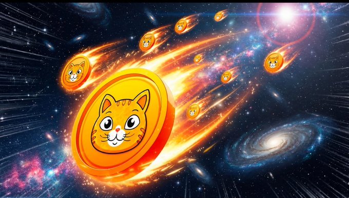 This image depicts $MONA coins, featuring a cat face logo, streaking through space like meteors, illustrating the token's presale and upcoming exchange expansion.