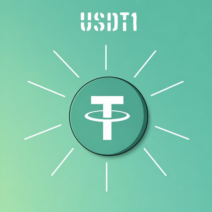 A teal graphic featuring the USDT1 logo in the center, surrounded by white lines radiating outward like sunbeams.