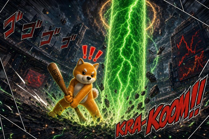 A meme image featuring a Shiba Inu dog holding a baseball bat with a shocked expression, standing before a green energy beam in a destroyed cityscape, with comic-style text 'KRA-KOOM!!' and Japanese onomatopoeia.