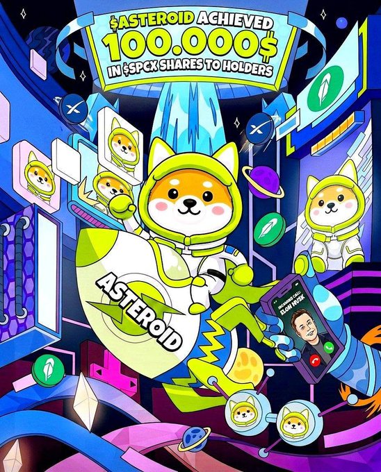 A colorful cartoon-style graphic celebrating '$ASTERIOID ACHIEVED 100,000$ IN $SPCX SHARES TO HOLDERS' featuring an astronaut Shiba Inu character with a phone showing a FaceTime call.
