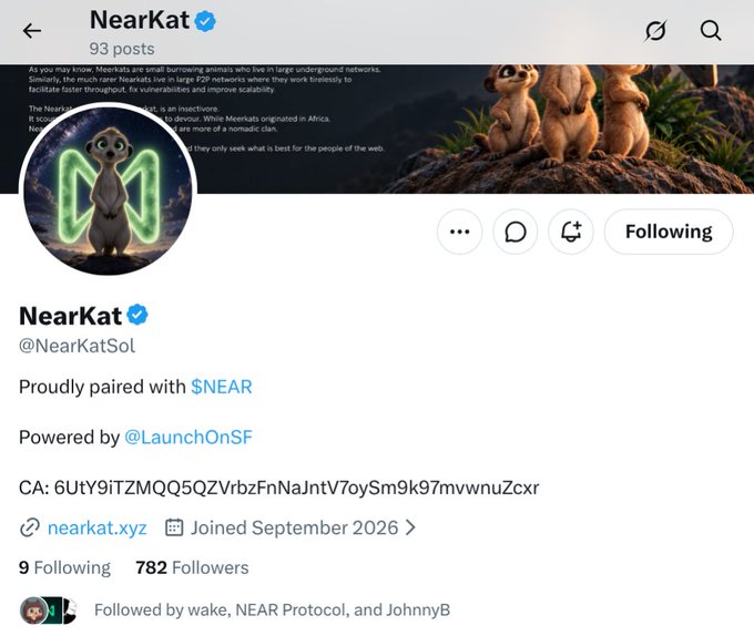 A Twitter/X profile page for the verified account 'NearKat @NearKatSol' featuring a profile picture of a meerkat with a glowing 'N' and details mentioning 'Proudly paired with $NEAR' and 'Powered by @LaunchOnSF'.