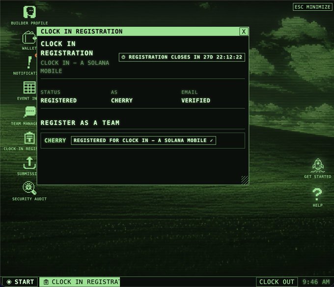 A dark green retro-terminal style interface showing a 'CLOCK IN REGISTRATION' modal for 'CLOCK IN - A SOLANA MOBILE' with status 'REGISTERED' as 'CHERRY' and email 'VERIFIED'.