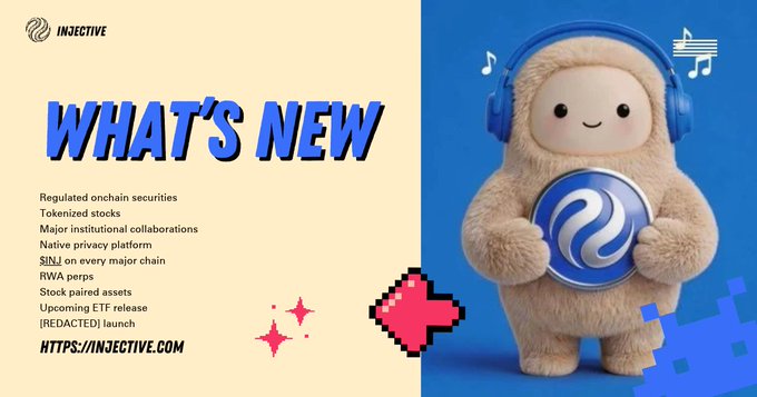 An advertisement graphic for Injective featuring a fuzzy mascot character wearing headphones and holding a logo, with text listing features like 'Regulated onchain securities' and 'RWA perps'.