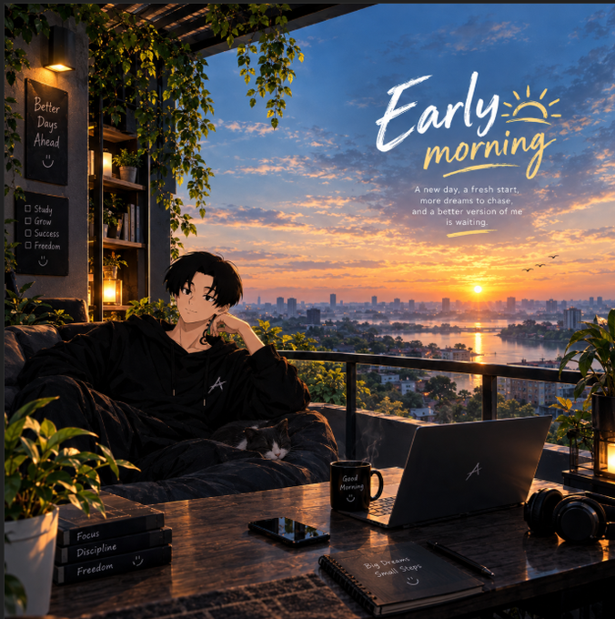 An anime-style illustration showing a young man sitting at a desk on a balcony during sunrise, featuring the text 'Early morning' and 'A new day, a fresh start, more dreams to chase, and a better version of me is waiting.'