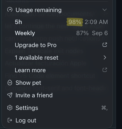 A dark-themed app menu showing usage statistics, including "5h" remaining, "Weekly 87% Sep 6", and options to upgrade to Pro, alongside settings and log out.