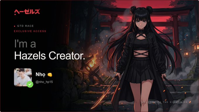Similar to the previous image, this promotional graphic features the same anime character and 'I'm a Hazels Creator' text, but credits user 'Nhọ' (@nho_hp15) with a chef's hat emoji.