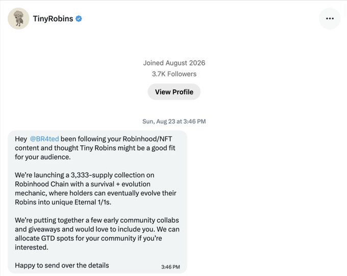 The image shows a direct message from "TinyRobins" (3.7K followers, joined August 2026) to @BR4ted, pitching a 3,333-supply NFT collection on Robinhood Chain with a survival/evolution mechanic that evolves Robins into Eternal 1/1s, and offering early community collabs and giveaway spots.

This relates to the accompanying post about outreach messages like this being sent to influencers based on stereotypes — the DM exemplifies the type of unsolicited NFT/project pitch that floods creators, illustrating the broader point that scammers and shady promoters operate across all demographics, not just those stereotyped in the crypto space.