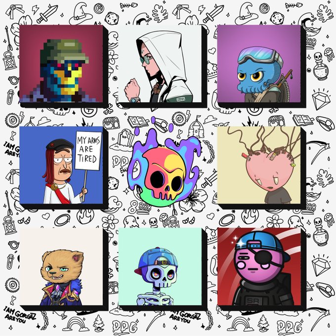 The image displays a grid of nine colorful cartoon-style character avatars—including pixelated figures, an octopus skull, and various stylized creatures—surrounded by doodle-style gaming and fantasy icons, with text reading "I AM GORGZ ARE YOU," "MY ARMS ARE TIRED," and "DDG." These appear to be the featured NFT profiles from the Gorgez collection, visually tying into the post's update about the Vault Activation Raffle progress at 56/200 sweeps, where each unique character represents the community helping build the Vault "bone by bone."