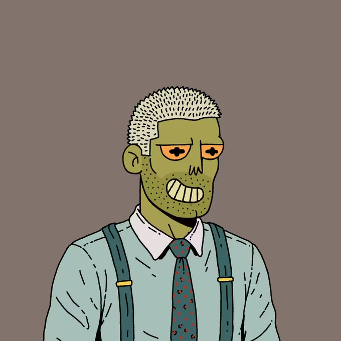 A green-skinned cartoon character with short spiky white hair, an unsettling grin, and red eyes wears a collared shirt, polka-dot tie, and suspenders against a plain mauve background. The eerie, zombie-like figure appears to be a member of the MidEvils NFT collection, fitting the post's "Quite Mid" theme with its off-putting, mediocre aesthetic.