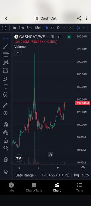 A cryptocurrency chart from TradingView displaying the 1-hour price action for the 'Cash Cat' token (CASHCAT/WE...), showing a current price of 134.040M and a 0.55% decrease.