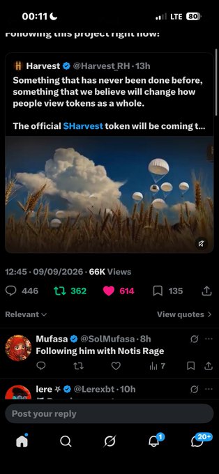 A screenshot of a social media post from Harvest (@Harvest) on X (Twitter) announcing the official $Harvest token, showing 446 comments, 362 reposts, and 614 likes, timestamped 12:45 on 09/09/2026.