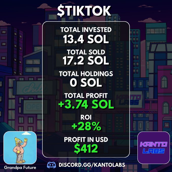 A crypto performance graphic titled "$TIKTOK" showing Total Invested 13.4 SOL, Total Sold 17.2 SOL, and Profit in USD $412, branded by Kanto Labs.