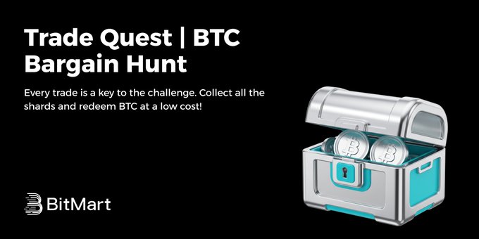 A promotional banner for BitMart's "Trade Quest | BTC Bargain Hunt" campaign, featuring an open silver treasure chest with teal accents filled with Bitcoin coins, inviting users to collect shards through trades to redeem BTC at a low cost.