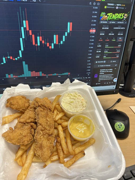 A basket of golden fried chicken tenders and fries with two dipping sauces sits in front of a computer monitor displaying the $TENDIES Webull chart ($25.12k) and a "$TENDIES" poster, playfully symbolizing the meme stock's journey toward matching the price of a chicken tender.
