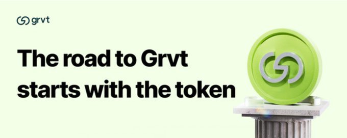 A GRVT promotional graphic reads, “The road to Grvt starts with the token,” alongside the Grvt logo on a green token displayed on a pedestal. It illustrates the accompanying announcement that GRVT bought back and permanently burned 1.1 million GRVT tokens, about 0.96% of the circulating supply.