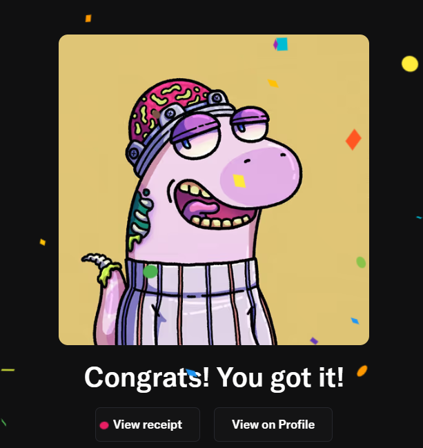 The image features a cartoon character wearing a hat with a brain design, surrounded by confetti. The character appears to be happy and excited about something. In the bottom right corner of the image, there's text that reads "Congratulations! You got it!". This message is related to an account or post on social media, as indicated by the presence of the @lacertianseth NFA symbol in the image. The character seems to be sharing their excitement with others through this post.