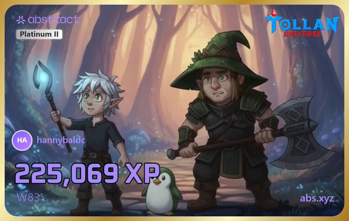 An Abstract XP card for user 'hannybaldc' showing 225,069 XP at Platinum II tier, featuring chibi fantasy characters including an elf with a staff and a warrior with an axe in a forest setting with 'TOLLAN UNIVERSE' branding.