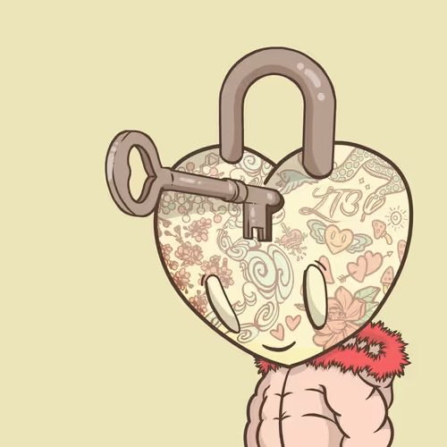 An illustrated heart-shaped padlock with a vintage key, featuring "13" and tattoo-style heart decorations, paired with a pink puffy jacket—tied to the "Less Than Three Thursday @LT3NFT" event. The padlock imagery aligns with the "less than three" heart symbol often associated with love and the NFT community's branding.