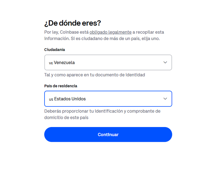 A Coinbase onboarding form in Spanish asking '¿De dónde eres?' (Where are you from?), with citizenship set to Venezuela and country of residence set to United States.