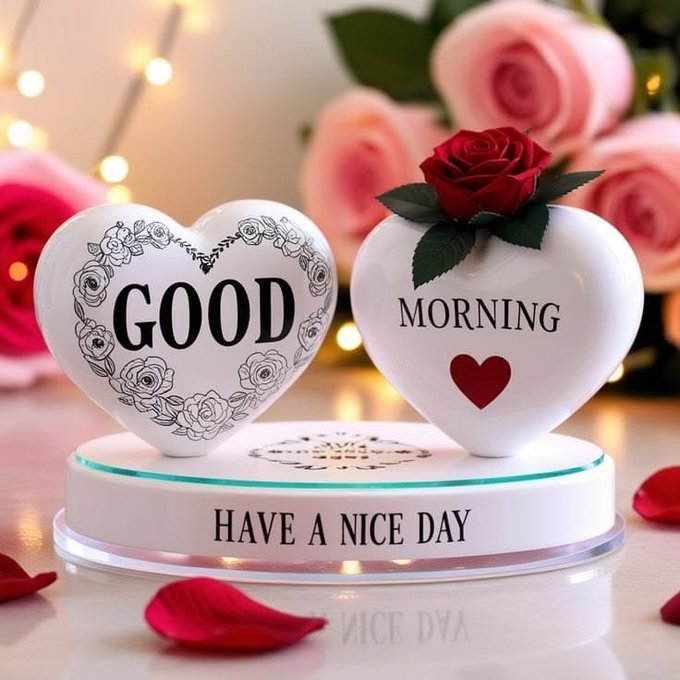 A decorative greeting display with a circular base reading 'HAVE A NICE DAY', featuring a heart-shaped ornament saying 'GOOD' and a white vase with 'MORNING' topped with a red rose, surrounded by pink roses and petals.