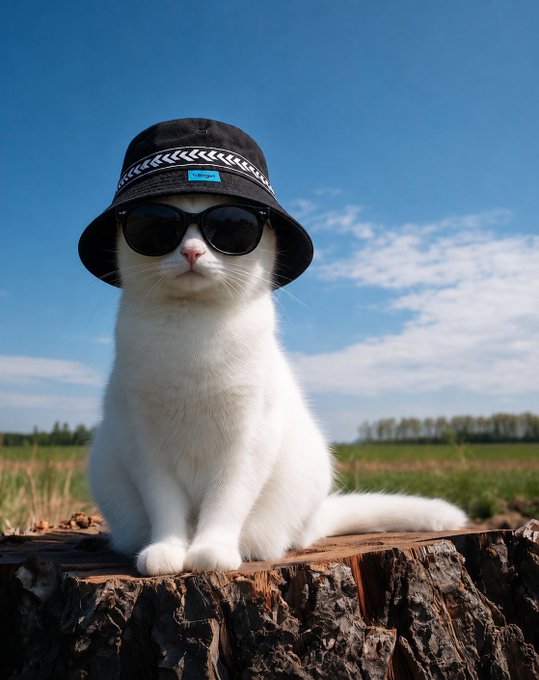 A white cat wearing a black 'Bitget' hat and sunglasses sits on a tree stump, looking cool and relaxed, perfectly matching the 'chill' weekend vibe described in the text 'GM Sunday looks better in Bitget mode. Hope your weekend is as chill as this one.'