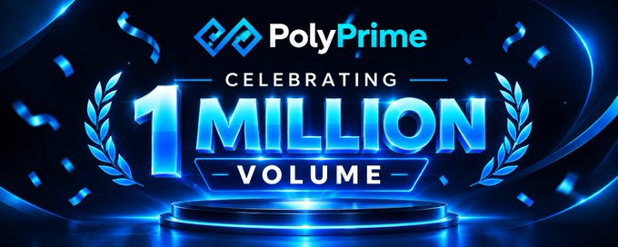A celebratory blue graphic displays the 'PolyPrime' logo with the text 'CELEBRATING 1 MILLION VOLUME' surrounded by laurel wreaths and confetti.