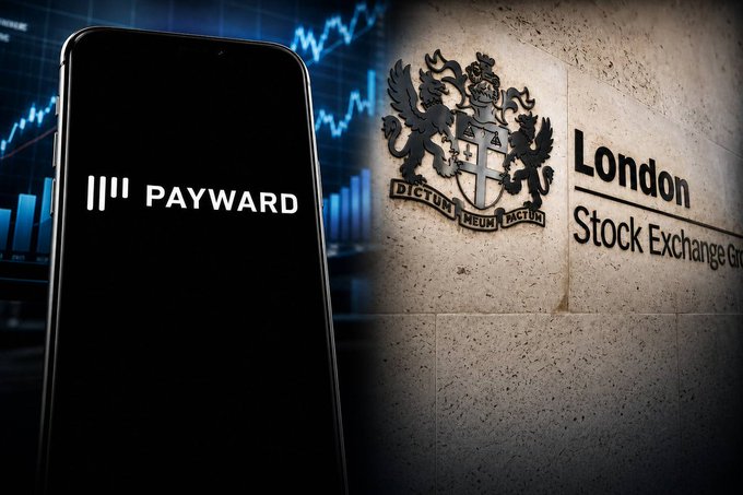 A smartphone displaying the "PAYWARD" logo sits beside the London Stock Exchange Group's emblem on a stone wall, with a stock chart in the background. The image visually represents Payward's (Kraken) partnership with the London Stock Exchange to bring tokenized LSE stocks onchain through the xStocks framework.