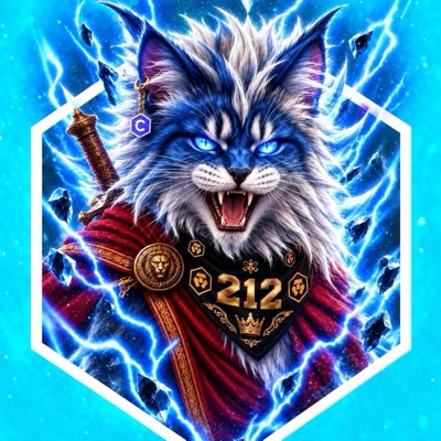 Digital artwork featuring an anthropomorphic gray and blue cat with glowing blue eyes, dressed in a red cloak and shield marked '212' with a crown, surrounded by blue lightning in a hexagonal frame.