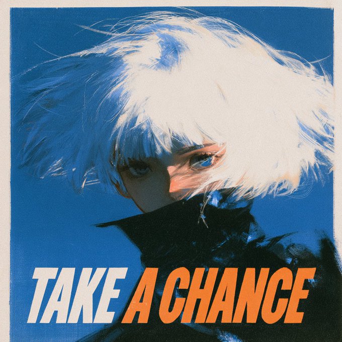 A stylized blue-toned illustration of a character with short white hair, with the text 'TAKE A CHANCE' in white and orange at the bottom.