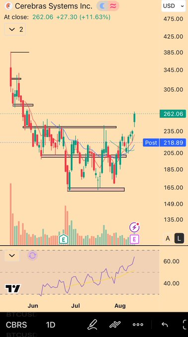 A candlestick chart of Cerebras Systems Inc. (CBRS) shows the stock surging 11.63% to close at $262.06, up $27.30, with a recent breakout above the $218.89 pivot level following a prior downtrend from highs near $385—visually supporting the post's claim that despite poor earnings, the technical setup suggests taking a chance on the stock.