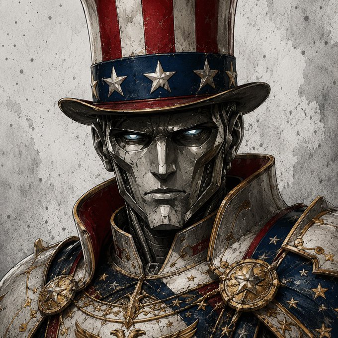 A stylized illustration of a metallic, robotic character wearing a stars-and-stripes patterned top hat and military-style uniform.
